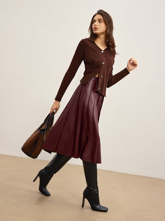 Commense Dresses & Skirts - Commense Burgundy Pleated Faux-Leather Midi Skirt